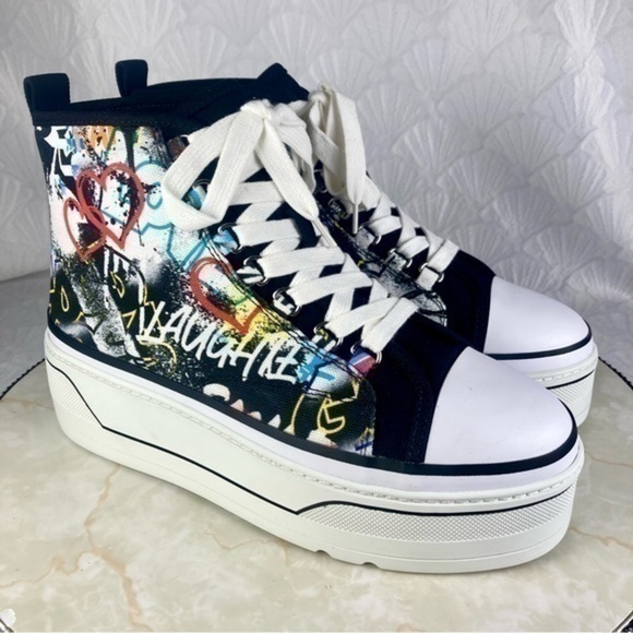 D’Amelio High Top Platform Retro Sneakers Sz 8 Black Graffiti Eyekonn Y2K Shoes - Picture 3 of 11